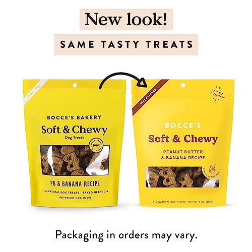 BOCCE’S BAKERY OVEN BAKED PB & BANANA RECIPE TREATS FOR DOGS, WHEAT-FREE EVERYDAY DOG TREATS, REAL INGREDIENTS, BAKED IN THE USA, ALL-NATURAL SOFT & CHEWY COOKIES, PEANUT BUTTER & BANANA, 6 OZ