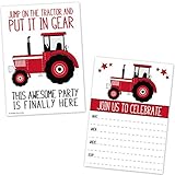 Red Tractor Birthday Party Invitations for Boys - Farm Ranch Barnyard Kids Invites (20 Count with Envelopes)