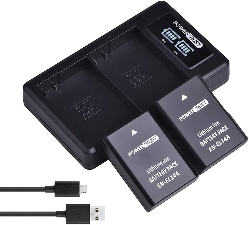 PowerTrust 2x 1500mAh EN-EL14 EN-EL14A Battery and LED Dual Charger for Nikon D5600,D3100, D3200, D3300, D3400, D3500,D5100