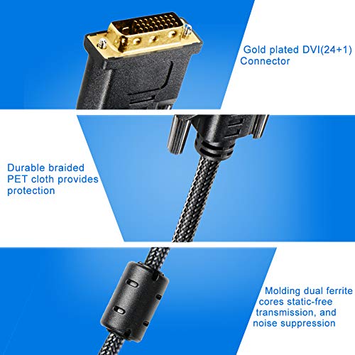DVI Cable 6FT, DVI-D to DVI-D (24+1)- M/M Double Shielding Digital Cord with Two Ferrite Core and PET Braided for Gaming, DVD, Laptop, HDTV and Projector - Gold Plated