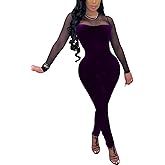 WOKANSE Women's Sexy Long Sleeves Mesh Patchwork Bodycon Velvet Jumpsuits Long Romper Pants One Piece Clubwear