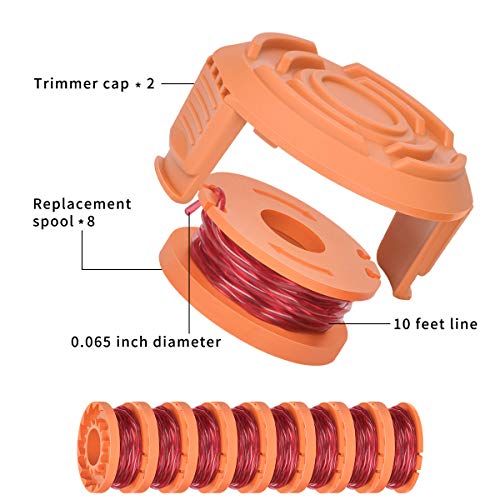 Generep Weed Eater String Generic Replacement Trimmer Line for Worx WA0010 WG180 WG163 Spools,10 ft/0.065 Inch Trimmer String Refills Parts,WA6531 GT Spools Cap Cover(8 Spools, 2 Caps)