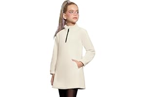 Mirawise Girls Fleece Dress 1/3 Zip Polar Long Sleeve Sweatshirt Stand Collar Fall Winter Pullover Dress with Pockets