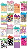 Gift Bags Set of 16 Medium Gift Bags w/ Glitter, Tags, Stars, Stripes and Spots Design, and Tissue Paper for Kids, Girls, Boys, Women, and Men