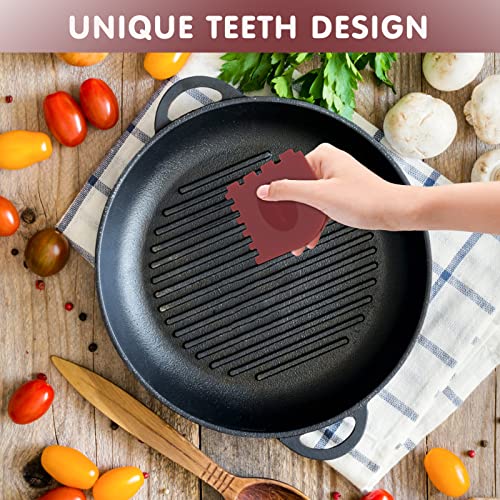 TMEDW Grill Pan Scraper, Cast Iron Scraper with Built-in Magnet and Thumb Rest, Durable Pot Scraper, Pan Scraper Plastic for Cast Iron Skillets, Grill Pan, Griddles and More, Red and Black, 4 Pack