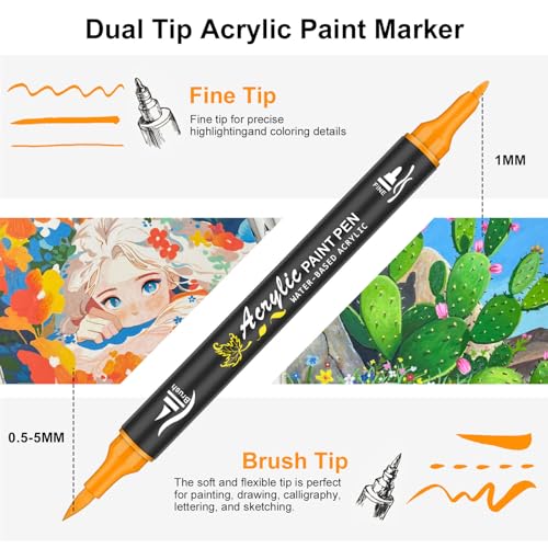 128 Acrylic Paint Markers, Dual Tip Brush Paint Pens for Adult Artists - Fine & Brush Tip Water Based Acrylic Markers for Canvas, Wood, Ceramic, Glass, Metal Surfaces