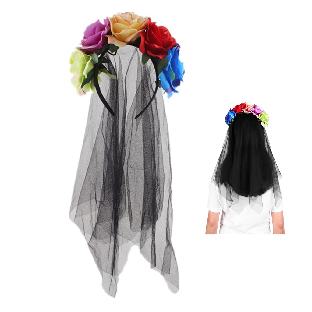 QCHOMEE Flower Headband with Black Veil Ladies Gothic Rose Garland Headwear Halloween Christmas Fancy Dress Up Costume Hair Band Accessory for Halloween Party Photography Props (Multicolour)