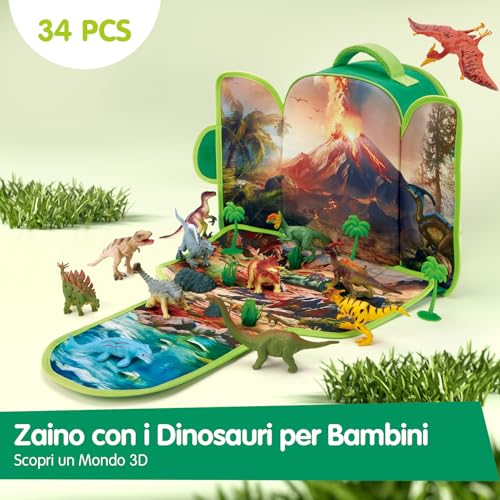 COCO&Friends Dinosaurs Toy for Kids 3-7 Years, Portable Backpack with 3D Foldable Play Mat, Gift for Kids Boys Girls