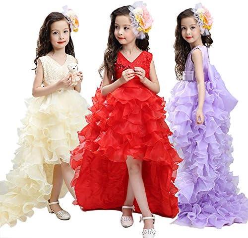 LISIBO Girls Kids Wedding Party Flower Dovetail Long Flower Dress (5-6 Year, Red)