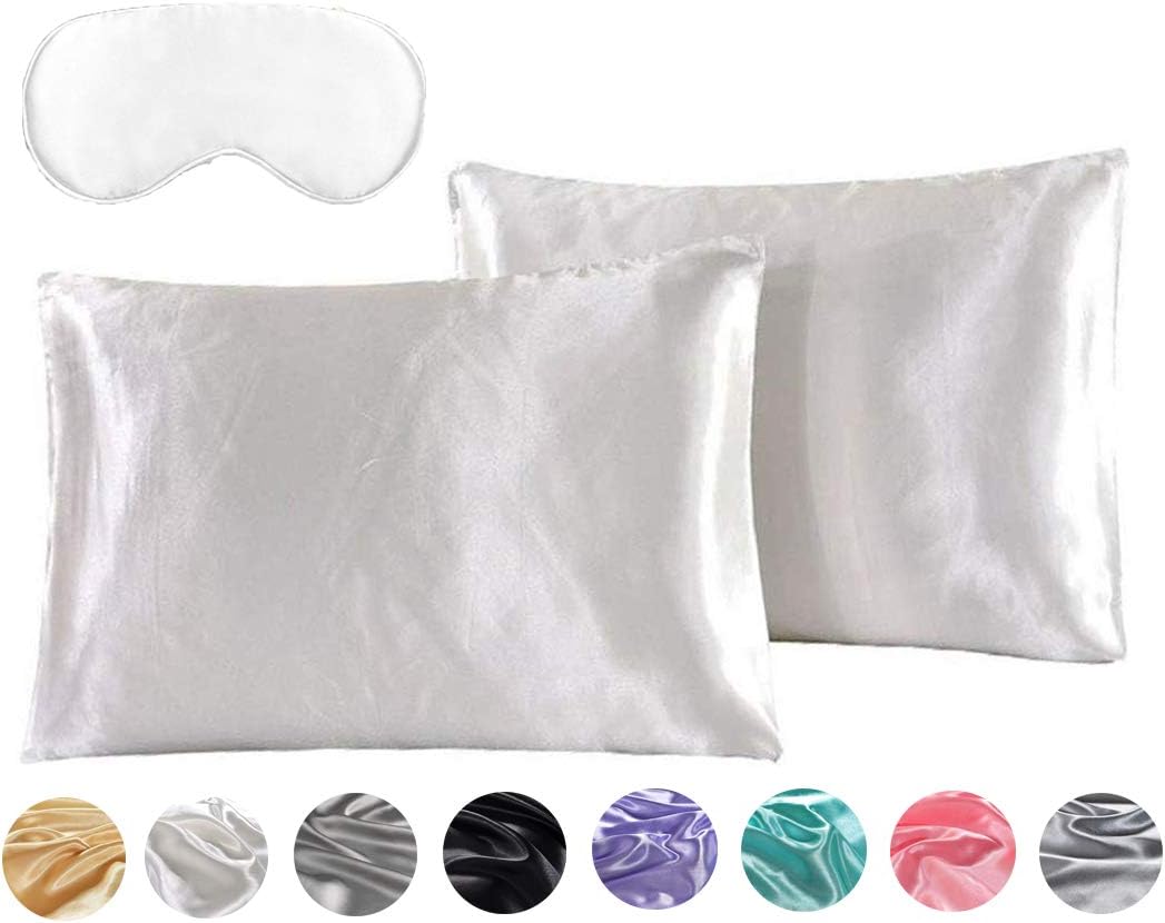 Uhat Pack 2 Soft Satin Pillowcases with Sleep Mask for Hair and Skin Silk Feeling Anti Wrinkle Facial Care Standard Size Pillow Cover 20 * 29inch/50 * 75cm (White)