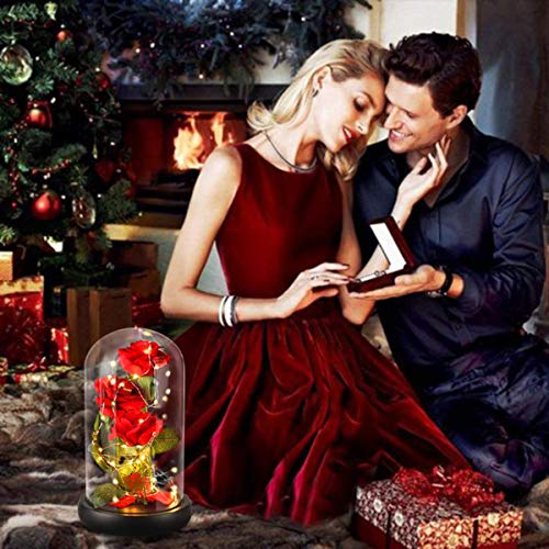 Beauty and The Beast Rose flowers, 40 LED Lights in Glass Dome on Wood Base, Warm Light mode, a Fallen leaves, Multi Use for Home/Office or Home Decorations, Mother's Day Gifts for Women - Thumbnail 7
