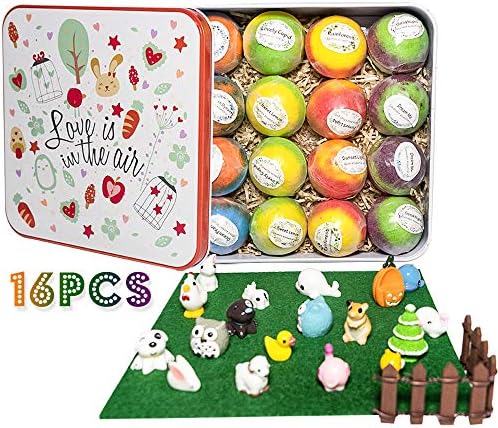 Bath Bombs for Kids with Toys Inside, 16 Organic Bubble Bath Bombs with 16 Small Animal Toys, Great Birthday Gift for Boys & Girls (Bonus Scene Props)