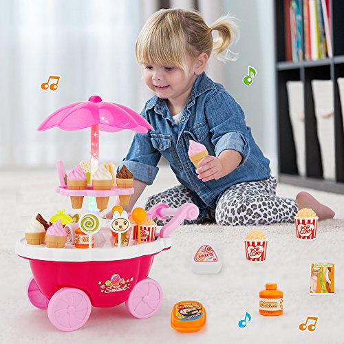 Sotodik 39PCS Ice Cream Candy Cart 39 PCS Pretend Play Food Dessert and Cash Trolley Set Toys with Music and Lighting Kids and Girls Toyselody For Girls and Kids - Thumbnail 7