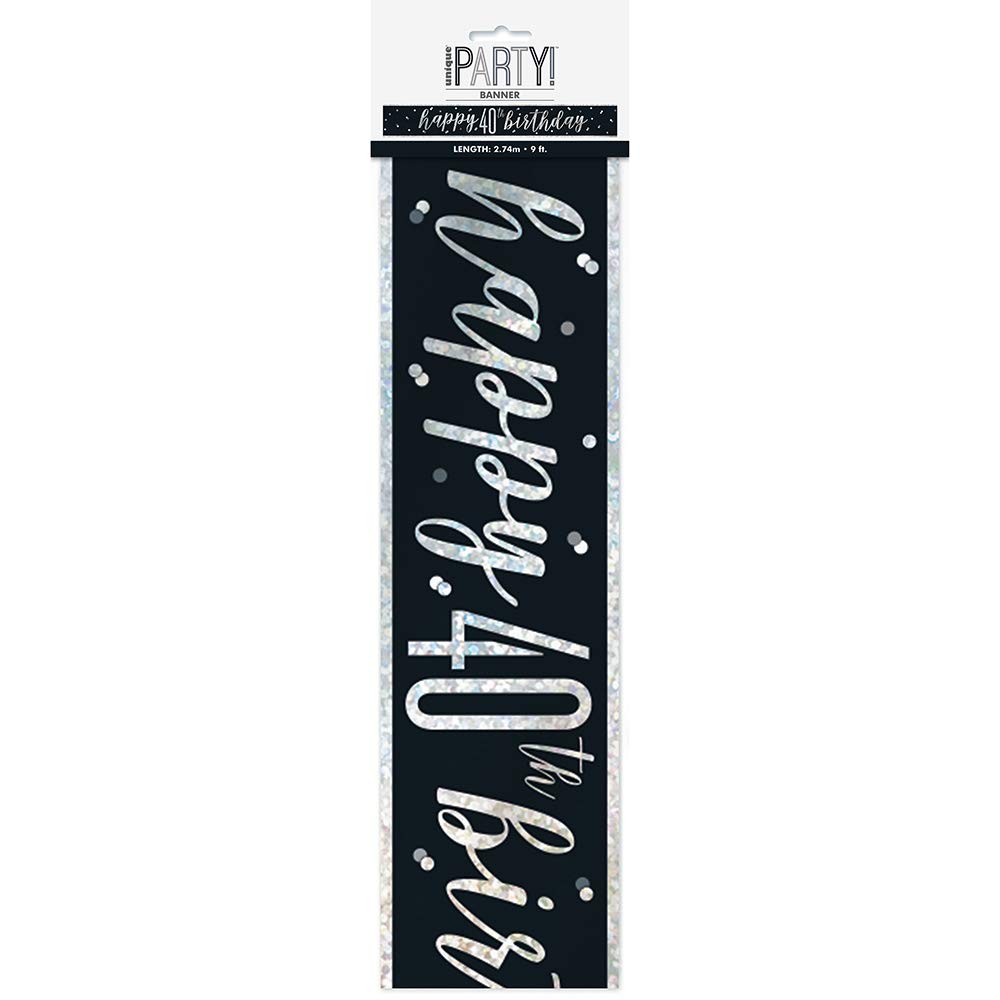 Elegant Glitz Black & Silver Happy 40th Birthday Foil Banner (274.32cm) - Perfect for Party Decorations, Celebrations, & Milestone Events - 1 Pc