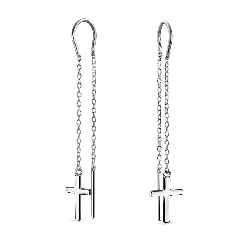 Minimalist Light Weight Linear Long Religious Chain Dangle Spiritual Religious Cross Threader Earrings For Women Teen .925 Sterling Silver Stabilizing U Wire Hook SM โ image 1
