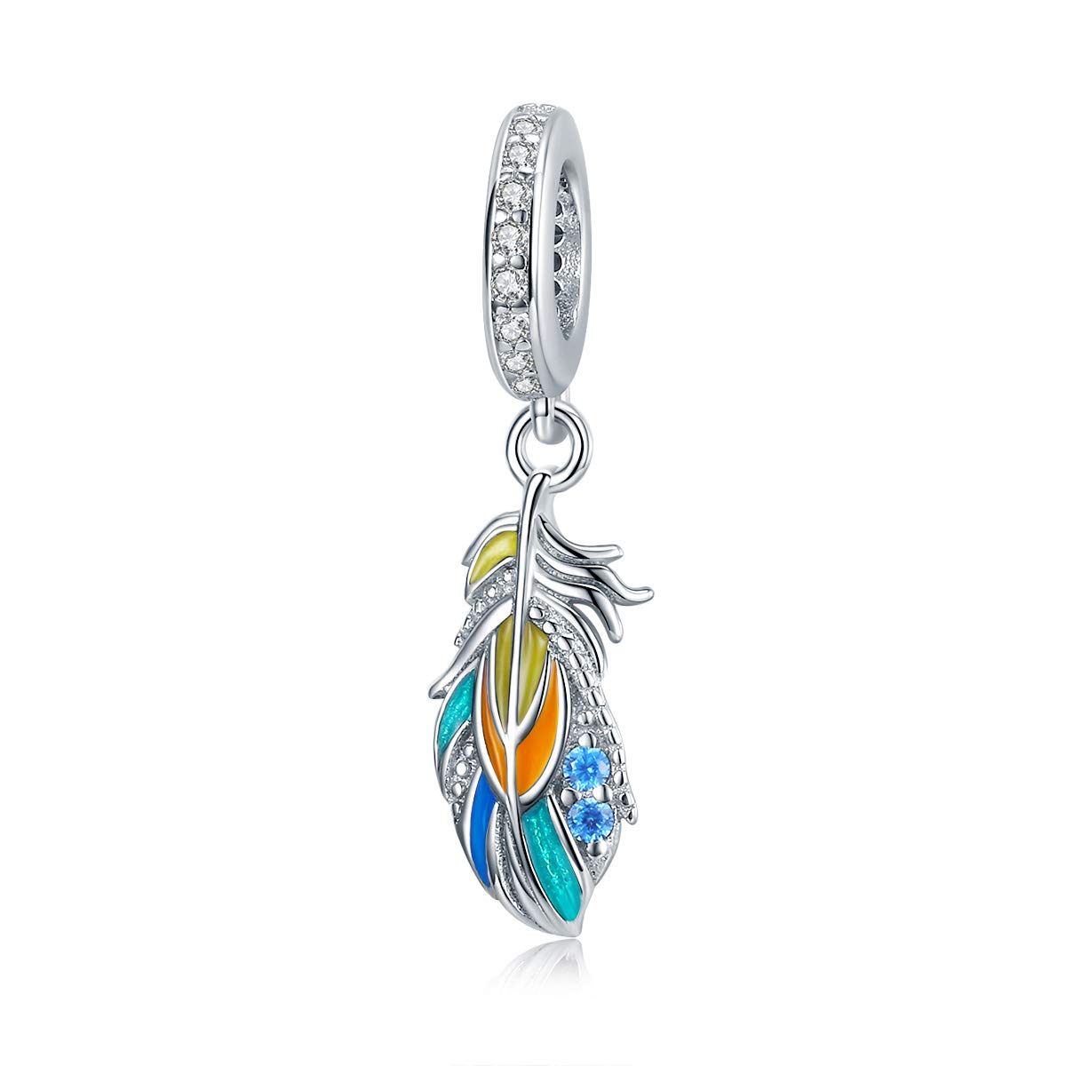YASHUO Jewellery Angel Feathers Heart Charm Genuine 925 Sterling Silver Dangle Love Wing Charm for Bracelet Women Charm (Colorful Feather Charm B304)