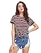 Romwe Women's Knot Front Cuffed Sleeve Striped Crop Top Tee T-Shirt , Burgundy & White, Small / US 0-2