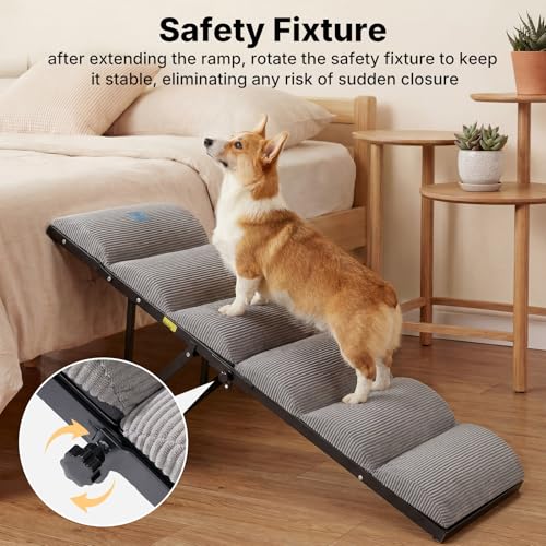Veehoo Dog Ramp for Small to Large Dog, Foldable Pet Ramp for High Bed Couch, 5 Adjustable Height from 43cm to 59cm, Doggy Steps Cat Stairs with Non-Slip Pad and Metal Frame, Up to 130lbs