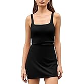QINSEN Women's Tennis Dress Square Neck Low Back Cutout Workout Dress Built in Shorts Side Slit Golf Athletic Dress