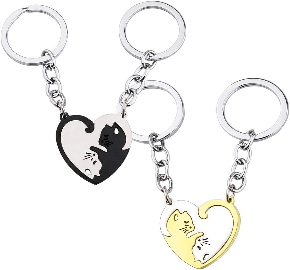 Couple Keychain Set CHEPL 2 Sets Couples Heart Keyrings Stainless Steel Cat Puzzle Piece Matching Couple Keychain Anniversary Valentine's Day and Best Friends Gift Silver,Black,Gold