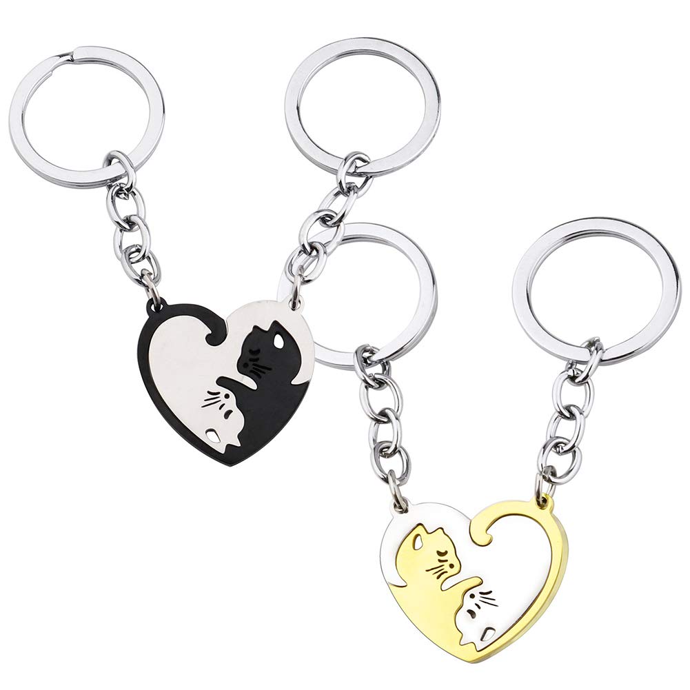 Couple Keychain Set CHEPL 2 Sets Couples Heart Keyrings Stainless Steel Cat Puzzle Piece Matching Couple Keychain Anniversary Valentine's Day and Best Friends Gift Silver,Black,Gold
