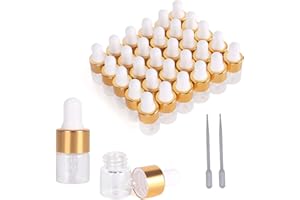 Hauioe 50 Clear Glass Dropper Bottle - 1/3/5ML Essential Oil Dropper Bottle with Measuring Pipette and Golden Lid