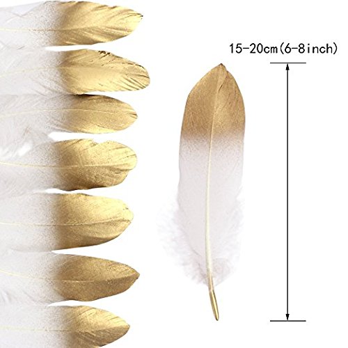 Shindel Gold Dipped Feathers, Natural Feathers Natural Pure White Gold Dipped Feathers for Craft Table Centerpiece Cupcake Decor Baby Shower Decorations, 60 PCS