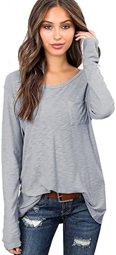 Xander Women Solid Loose Fit Long Sleeve Pocket Blouse Crew Neck Casual Long T-Shirt Tops (XXL, Gray)