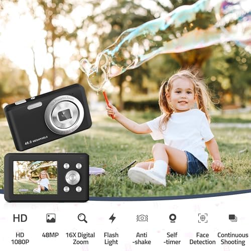 Fotocamera Digitale, HD 1080P con Scheda di Memoria da 32 GB, Fotocamera da 48 Megapixel, LCD da 2,4 Pollici con Zoom Digitale 16x per Ragazze, Adolescenti, Ragazzi e Principianti (Nero)