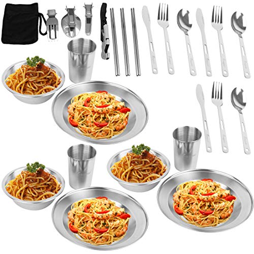 image for Bisgear 27pcs Stainless Steel Tableware Mess Kit Includes Plate Bowl C