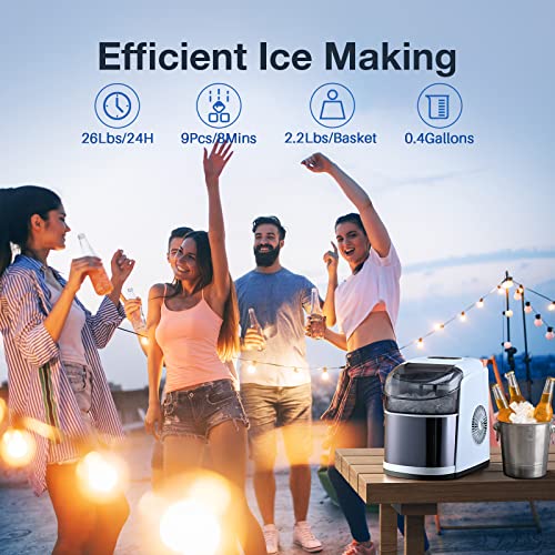 Ice Maker Countertop Machine with Self-Cleaning Function，26LBS in 24 Hours, 9 Bullet Cubes Ready in 6 Mins, Compact Ice Cube Maker with Ice Scoop & Basket for Home Kitchen Office Bar (White)