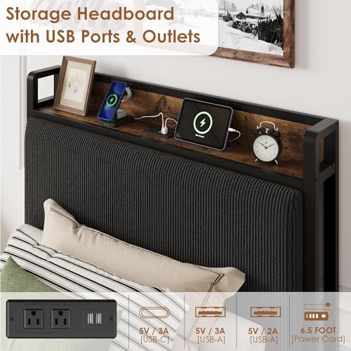 Twin Size Bed Frame with 2 Storage Drawers & USB Charging Station, Rustic Linen Upholstered Platform Bed, Heavy Duty No Box Spring Needed, Easy Assembly, Noise Free, Black