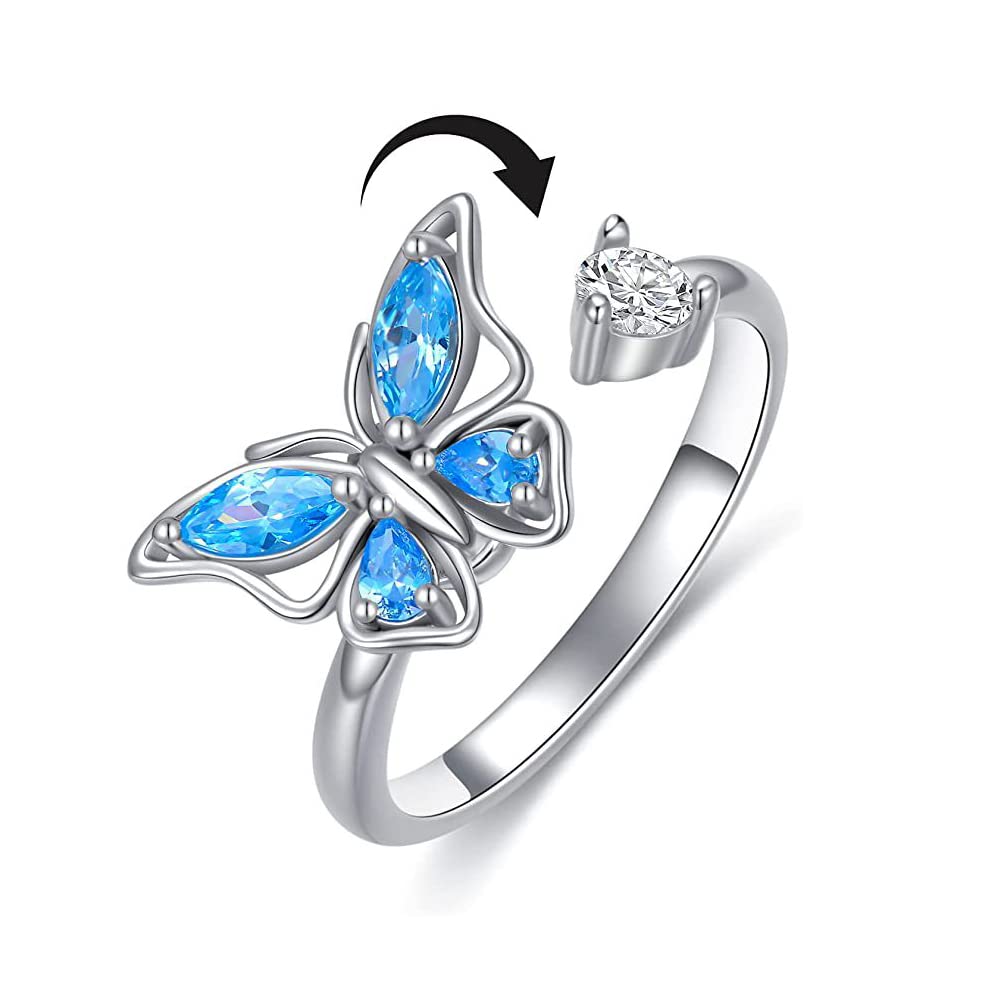 IMINI Blue Cubic Zirconia Butterfly Spinner Fidget Ring for Women Girls Anxiety Rotate Freely Inspirations Jewelry Calming Worry Meditation Adjustable Stacking Middle Finger Ring Girlfriend Birthday