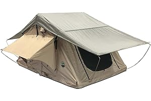 Overland Vehicle Systems TMBK 3 Person Roof Top Tent with Rain Fly Tan Body & Green Rainfly - Black Aluminum Base with Black Ladder - Universal Fitment