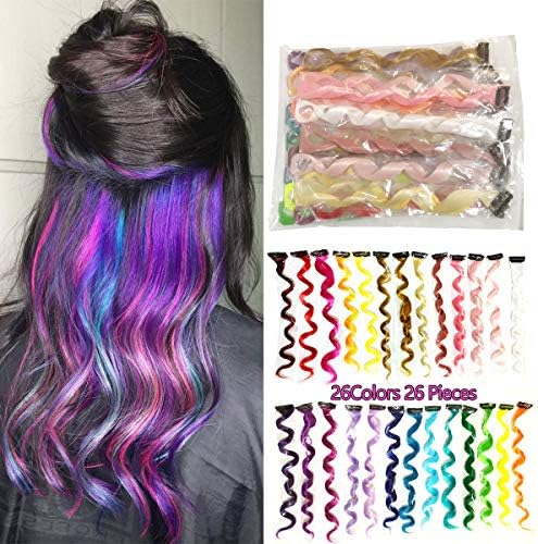AllBeauty 26 Pieces Colored Party Highlights 20 Inch Clip On In Hair Extensions Fashion Multi-Colors Curly Hair Streak Synthetic Hairpieces (26 Colors/Pack)