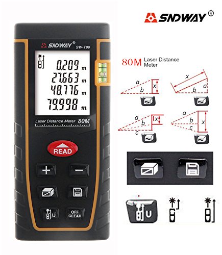 SNDWAY SW-T80 80M 262FT Laser Distance Meter Digital Diastmeter Laser Range Finder Meter Area Volume Measure Tool with LCD 4 Line Display - Thumbnail 2