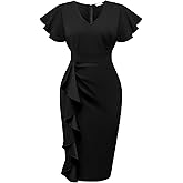 Plus Size Cocktail Dress - Wedding Guest Women Bodycon Vintage Ruffle Church Pencil Dress