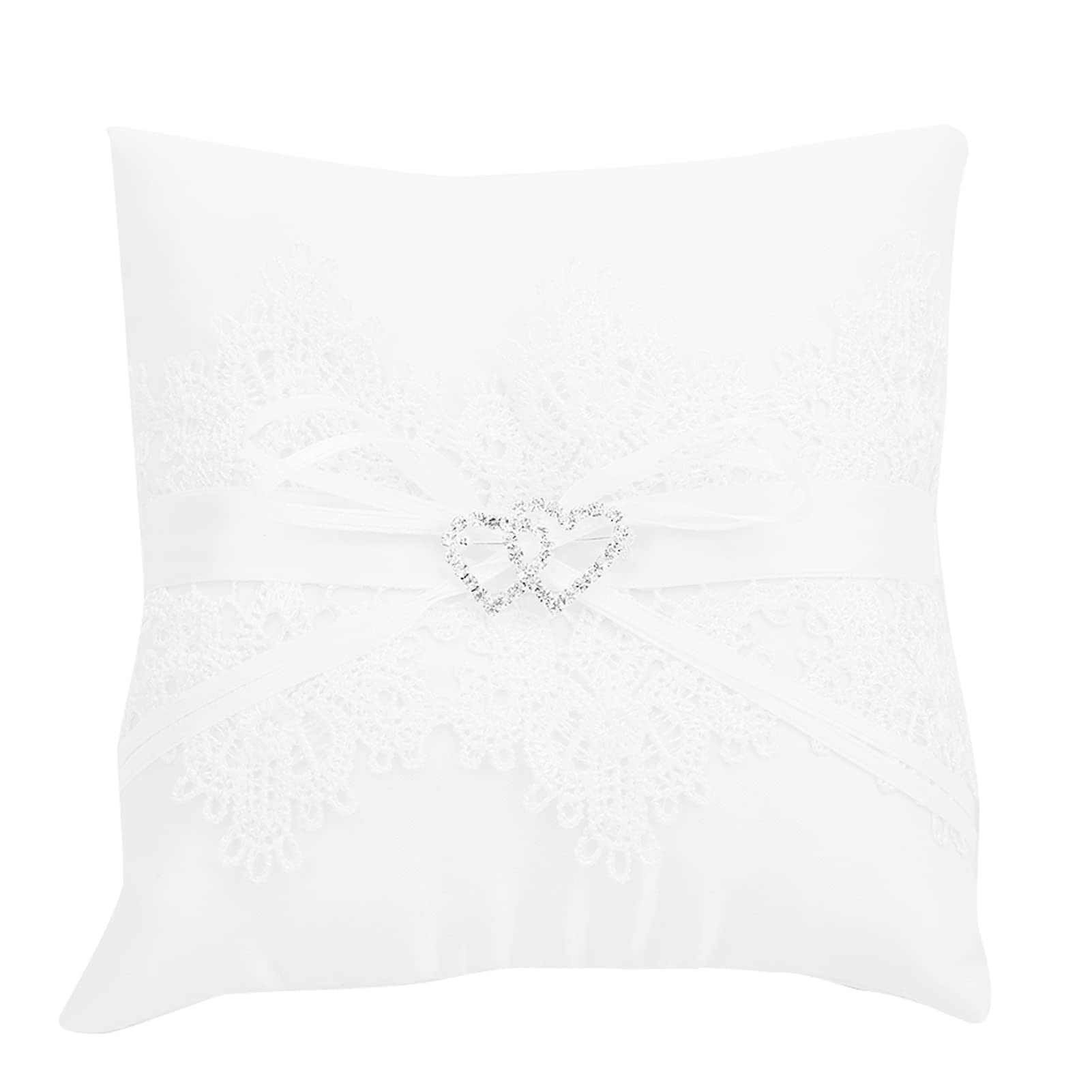 AUNMAS Wedding Pillow, 5.9 * 5.9 * 2.16inch Hollow Satin Lace Pearl Double Heart Cushio Ivory Cushion Bearer Box Holder for Beach Wedding Party Ceremony