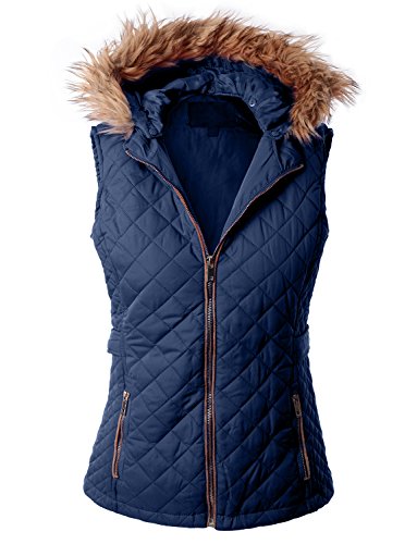 RubyK Womens Basic Padded Puffer Quilted Jacket Vest with Hoodie,Medium,RBKWV1945_NAVY