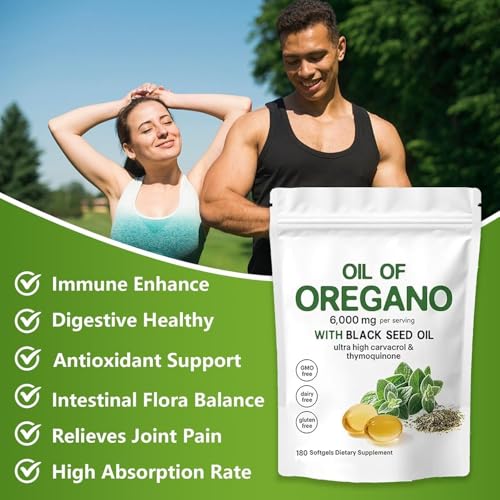 Oil of Oregano Softgels 6000mg Per Serving, 180 Count | 2 in 1 Formulated with Black Seed Oil 200mg, 4X Strength Carvacrol & Thymoquinone | Plant Based, Non-GMO