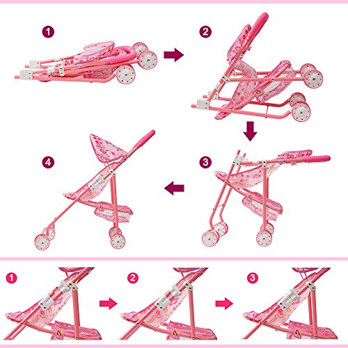 Yesteria Baby Doll Stroller with Basket & Hood Fits up to 18'' Dolls