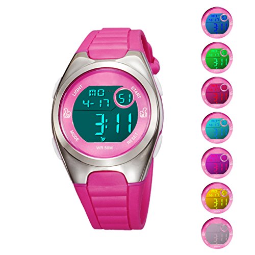 Kids Digital Sport Watch Outdoor Waterproof Watch with Alarm for Child Boy Girls Gift LED Kids Watch (7 Colors LED Rose)