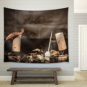 Concept Men Clean Up Leaves, Wine Cork Figures - Fabric Wall Tapestry Home Decor - 51x60 inches