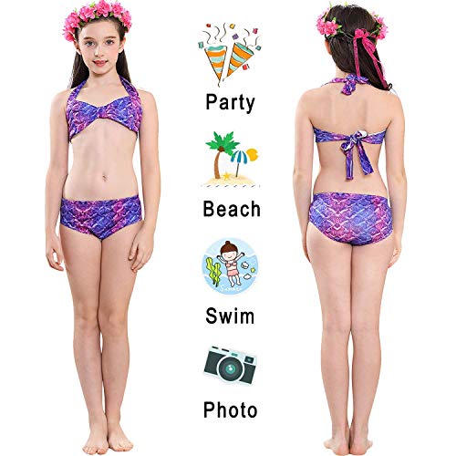 3 PCS Girls Mermaid Tail Swimsuit for Swimming Bikini Princess Can Add Monofin (A-Noble Purple, 10-12/ (Tag 150) / Ht:55-60in)