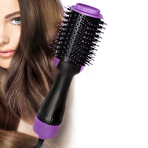 FUNFLOWERS Hot Air Brush, Hair Dryer Brush Styler, One Step Salon Volumizer Brush 4 in 1 Straightener Curl Air Hair Brush with Comb Ceramic Negative Ion Electric Styling Blow Dryer Brush (Purple)