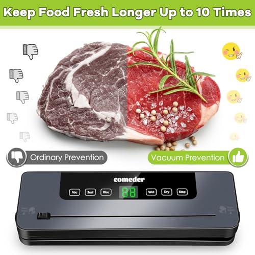 comeder 6 in 1 Vacuum Sealer Machine, 30cm Longer Seal Food Sealer with 50Pcs Vacuum Sealer Bags for Vac/Seal/Rice/Wet/Dry Mode, Built-in Cutter and Visible LED Digital Countdown Display, UK Plug