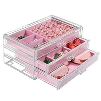 Mordoa Acrylic Jewelry Box 3 Drawers, Velvet Jewellery Organizer, Earring Rings Necklaces Bracelets Display Case Gift for Women, Girls