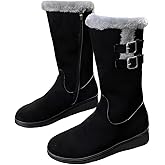 BININBOX Women's Winter Mid-Calf Snow Boots Warm Fur Lined Suede Platform Boots with Side Zipper Non-Slip Outdoor Round Toe Winter Shoes