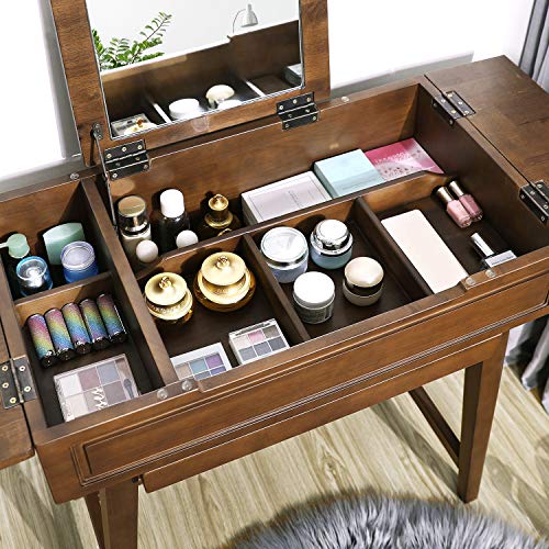VASAGLE Vanity Table with Flip Top Mirror, Solid Wood Makeup Dressing