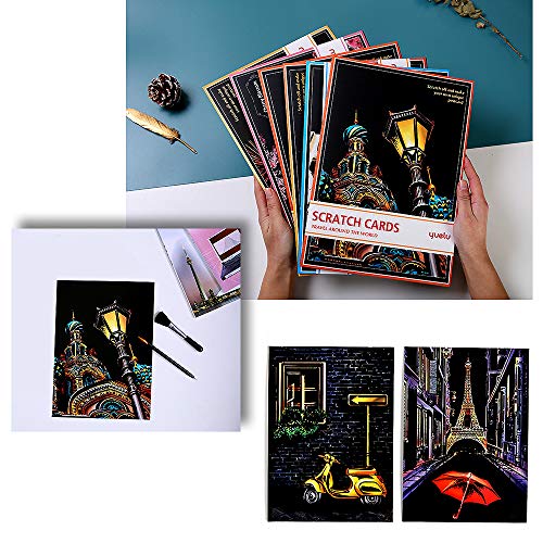 MIASTAR Scratch & Sketch Art for Kids & Adults, Rainbow Painting Night View Scratchboard(A4), Art & Craft, Scratch Art Set: 4 Sheets Scratch Cards & Scratch Drawing Pen, Clean Brush (Street Corner)